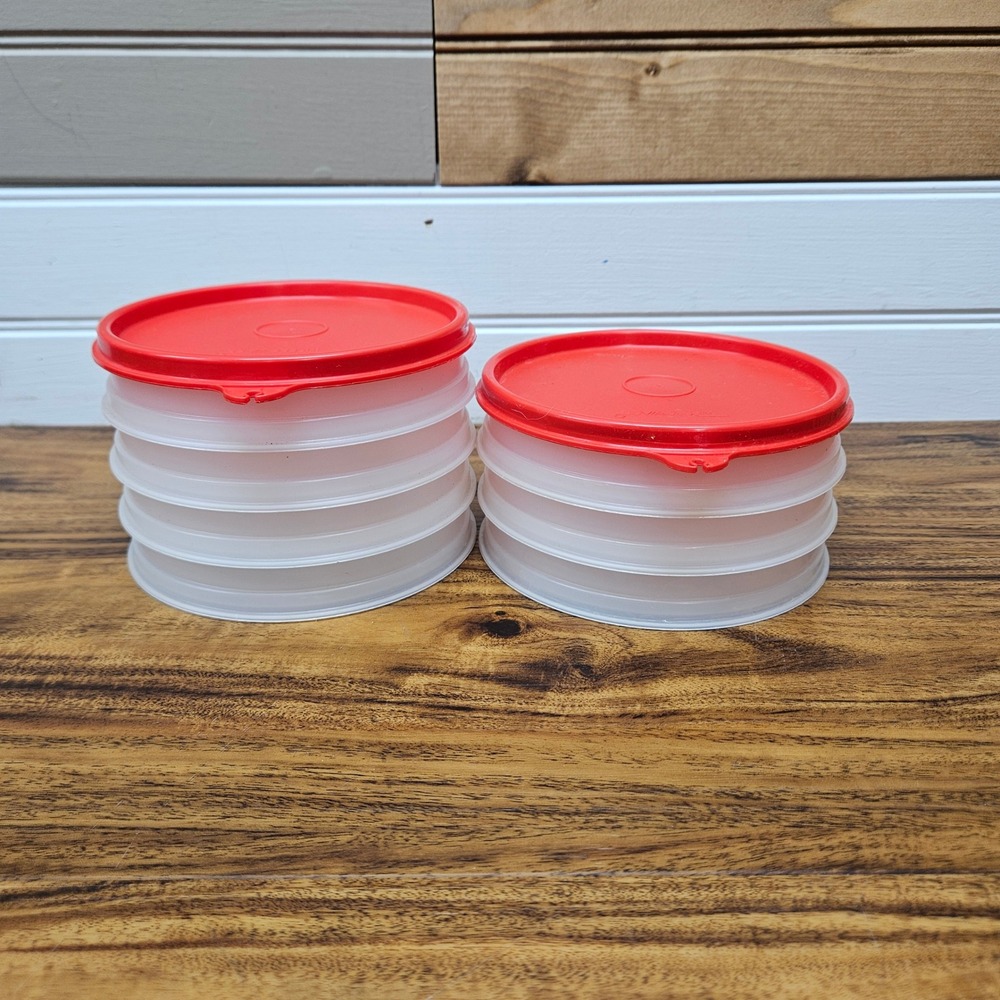 Vintage Tupperware Hamburger Press Keepers Set of 8 Stackable Clear Red Lids
